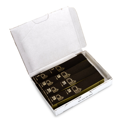 Box with 500 self-adhesive luggage tags, black with gold print, pre-printed, series 1-500
