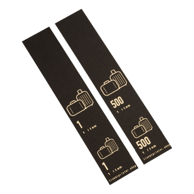 500 self-adhesive luggage tags, black with gold print, pre-printed, series 1-500